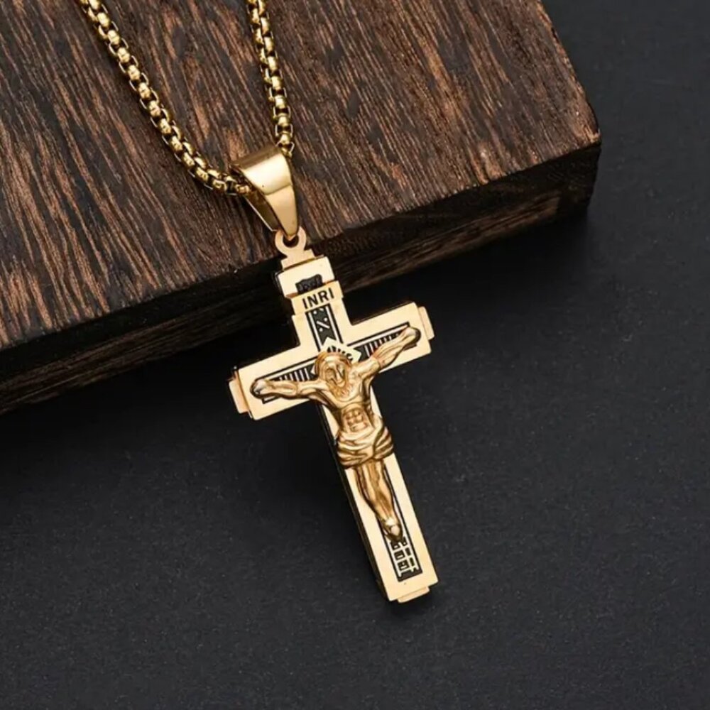 14K Gold Mens 24" Chain Link Cross Crucifix Necklace Guys Christian Jewelry